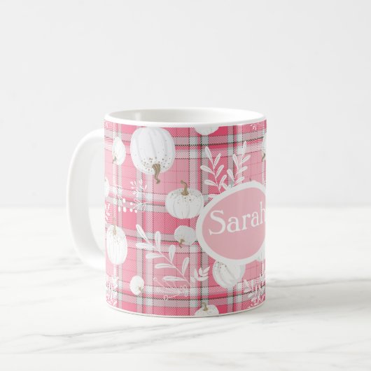 Rosa-weiße Fallmuster mit Kürbis und Name Kaffeetasse (Vorderseite Links)