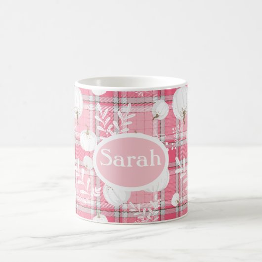 Rosa-weiße Fallmuster mit Kürbis und Name Kaffeetasse (Mittel)