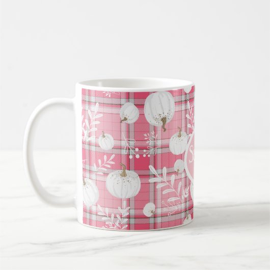 Rosa-weiße Fallmuster mit Kürbis und Name Kaffeetasse (Links)