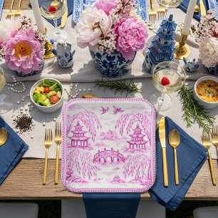 Rosa weiße falsche Porzellan-Chinoiserie-Weide Pappteller