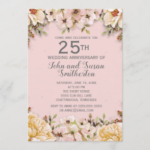 Rosa weiße Floral 25. Hochzeitstag Einladung