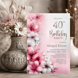 Rosa-weiße Floral-Party zum 40. Geburtstag Einladung