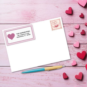Rosa-weiße Gingham-Karo-Valentinsherz Adressaufkleber