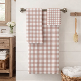 Rosa-weiße Gingham-Karomuster Cottagecore-Muster Badhandtuch Set