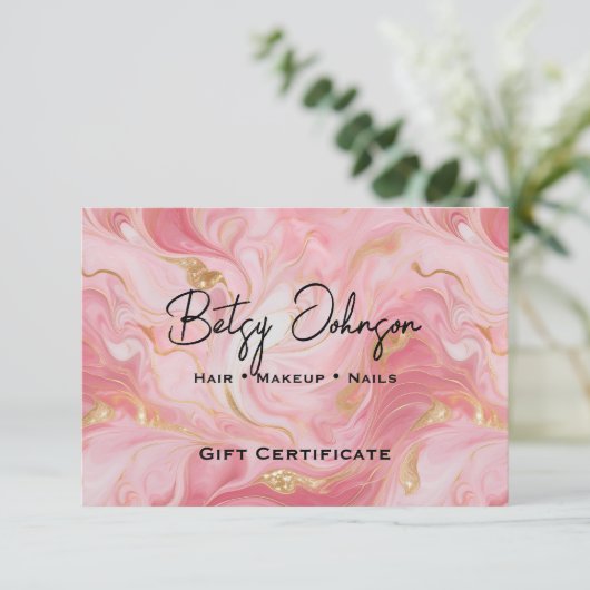 Rosa weiße goldmarmorne Geschenkgutscheine Einladung (Stehend Vorderseite)