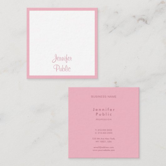 Rosa, weiße, handgeschriebene Skriptvorlage Elegan Quadratische Visitenkarte (Vorne/Hinten)