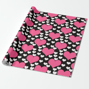 Rosa weiße Herzen auf Schwarz Geschenkpapier