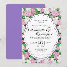 Rosa-weiße Hochzeitseinladung - Lila Rand