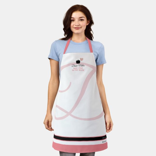 Rosa-weiße Koch Backen mit ihrem Namen Schürze (Getragen)