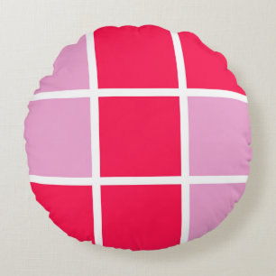 Rosa, weiße Linien Quadrate geometrisch abstrakt Rundes Kissen