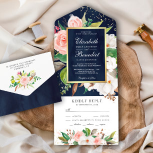 Rosa weiße Magnolie Floral Navy Blau Hochzeit All In One Einladung