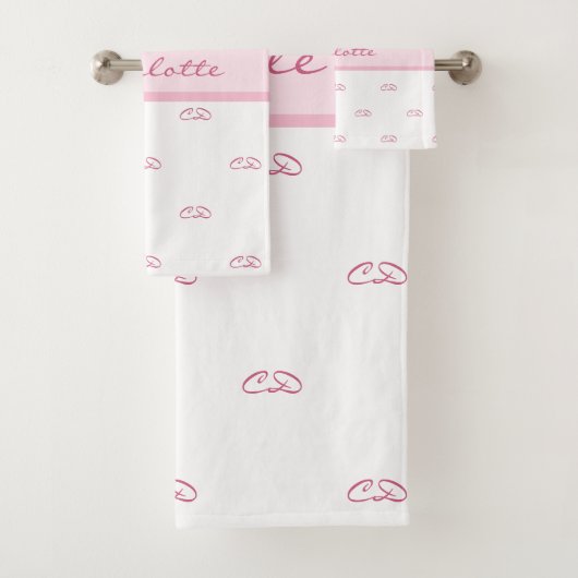 Rosa-weiße Monogramm-Initialnamen Badhandtuch Set (Insitu)