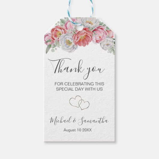 Rosa-weiße Peony-Hochzeit Geschenkanhänger (Vorderseite)