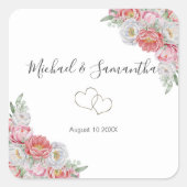 Rosa-weiße Peony-Hochzeit Quadratischer Aufkleber (Vorderseite)