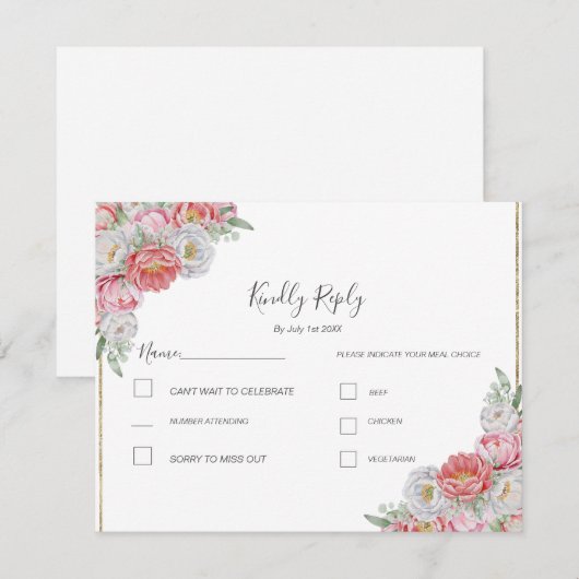 Rosa-weiße Peony-Hochzeit RSVP Karte (Vorne/Hinten)