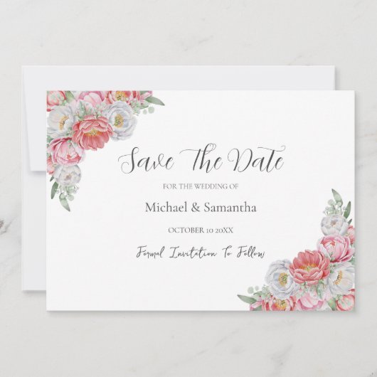 Rosa-weiße Peony-Hochzeit Save The Date (Vorderseite)