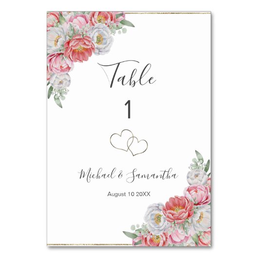 Rosa-weiße Peony-Hochzeit Tischnummer (Vorderseite)