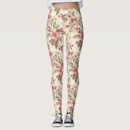 Rosa, weiße Poinsettias, Grüne und rote Berries Leggings