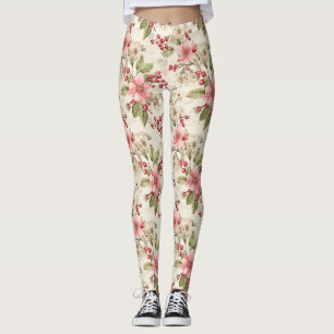 Rosa, weiße Poinsettias, Grüne und rote Berries Leggings
