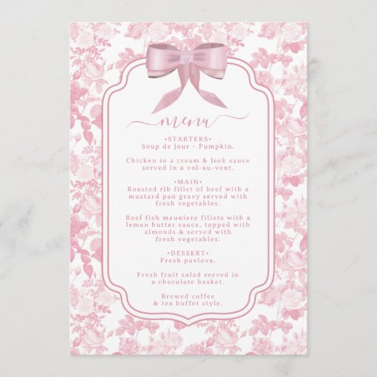 Rosa Weiße Rose Chinoiserie Brautparty Menükarte (Vorderseite)