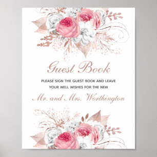 Rosa-weiße Roségold-Blumen-Hochzeitsgästebuch Poster