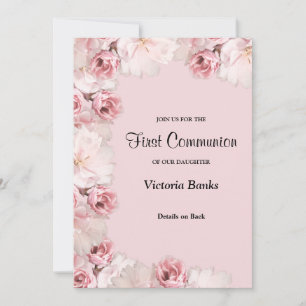 Rosa/Weiße Rosen Erste Kommunionseinladung Einladung