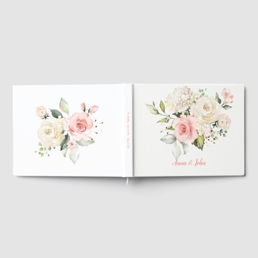 Rosa Weiße Rosen Weiße Hydrangeas Grüne Hochzeit Gästebuch (Voll)