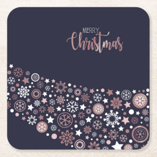 Rosa, weiße Schneeflocken, blau Rechteckiger Pappuntersetzer