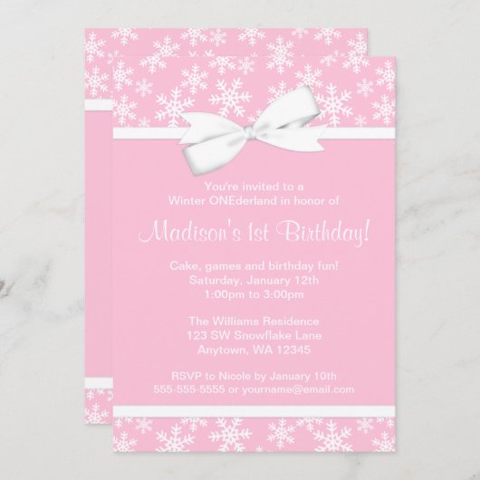 Rosa Weiße Schneeflocken Bow Winter ONEderland Einladung (Vorne/Hinten)