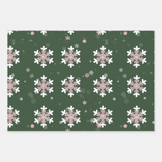 Rosa Weiße Schneeflocken Grün Geschenkpapier Set (Vorderseite 3)