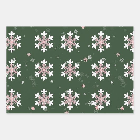 Rosa Weiße Schneeflocken Grün Geschenkpapier Set (Vorderseite 2)