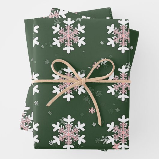 Rosa Weiße Schneeflocken Grün Geschenkpapier Set (Beispiel)
