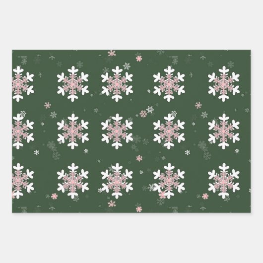 Rosa Weiße Schneeflocken Grün Geschenkpapier Set (Vorderseite)
