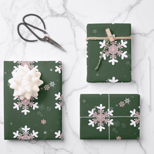 Rosa Weiße Schneeflocken Grün Geschenkpapier Set (Vorderseite)
