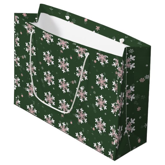 Rosa Weiße Schneeflocken Grün Große Geschenktüte (Vorderseite Schrägansicht)