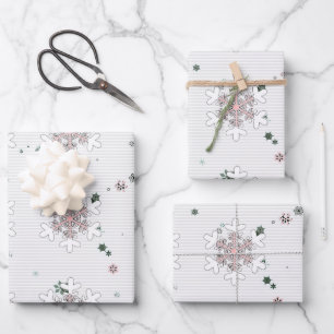 Rosa Weiße Schneeflocken Streifen Geschenkpapier Set
