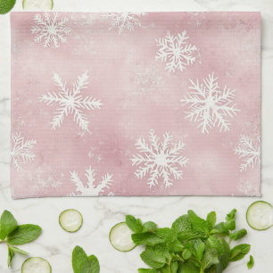Rosa weiße Schneeflocken Weihnachten Geschirrtuch