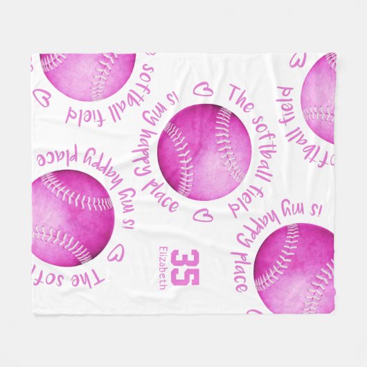Rosa weiße Softball-Feld mein glücklicher Platz Mä Fleecedecke (Vorderseite (Horizontal))