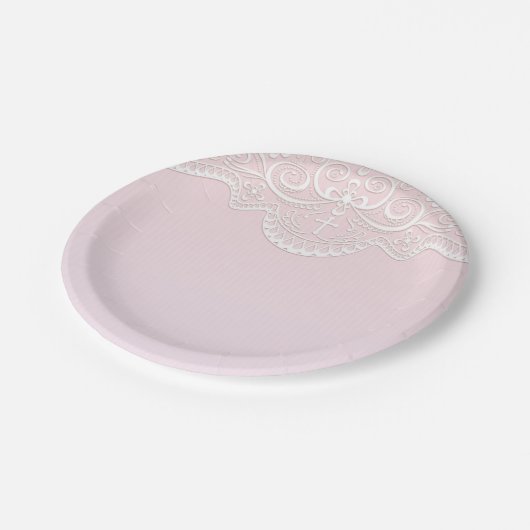 Rosa, weiße Spitze, religiös Pappteller (Schrägansicht)