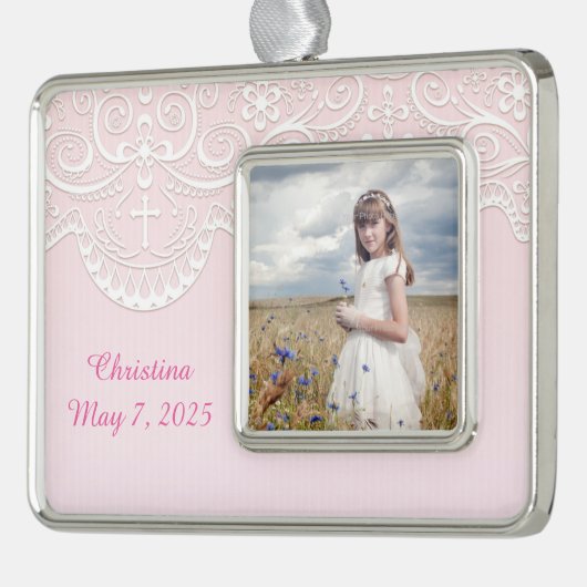 Rosa, weiße Spitze, religiös Rahmen-Ornament Silber (Links)