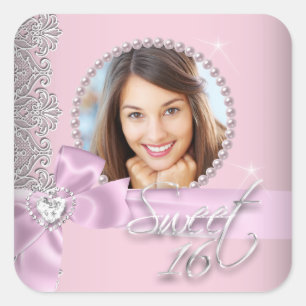 Rosa weiße Spitze Sweet Sixteen Sweet 16 Foto Quadratischer Aufkleber