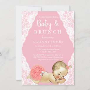 Rosa weiße Spitze Vintage-Baby-Shower-Brunch-Einla Einladung
