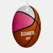 Rosa, weiße Sportmädchen halten Basketball Ornament Aus Metall (Vorderseite Rechts)