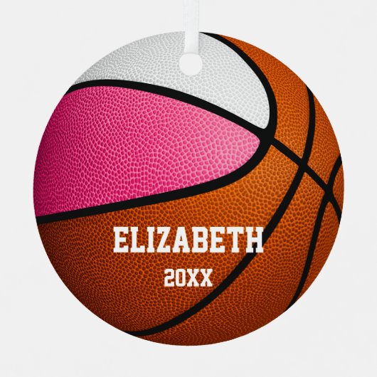 Rosa, weiße Sportmädchen halten Basketball Ornament Aus Metall (Vorderseite)