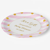 Rosa weiße Streifen Babydusche Pappteller (Schrägansicht)