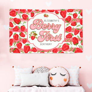 Rosa Weiße Streifen Erdbeere Beere Erster Geburtst Banner