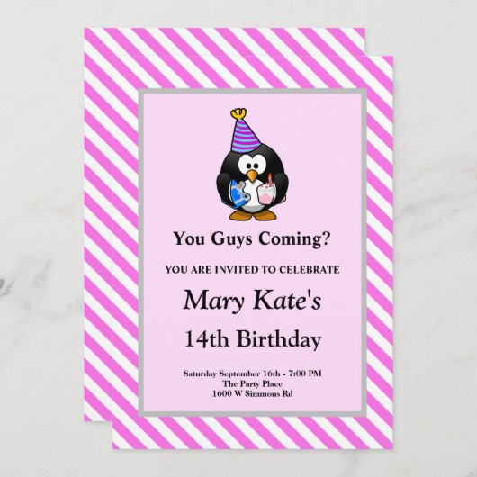 Rosa/weiße Streifen Gerahmt Funny Birthday Party Einladung (Vorne/Hinten)
