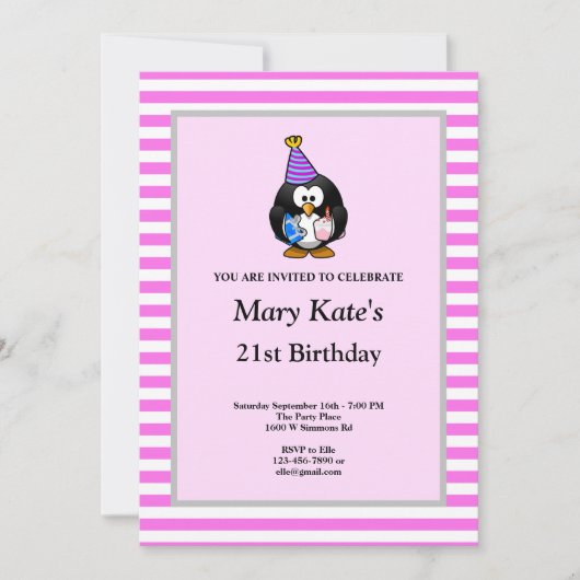Rosa/weiße Streifen Gerahmt Geburtstagsparty Einladung (Vorderseite)