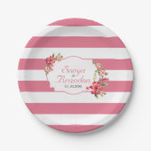 Rosa weiße Streifen und Blume Pappteller (Vorderseite)