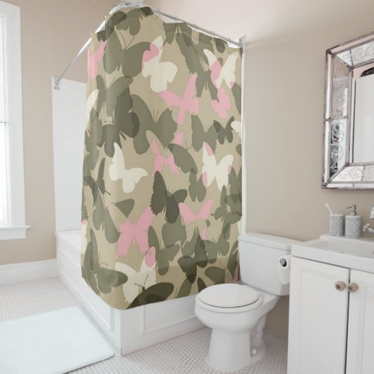 "ROSA, WEISSE U. GRÜNE SCHMETTERLINGS-CAMOUFLAGE " DUSCHVORHANG (Beispiel)